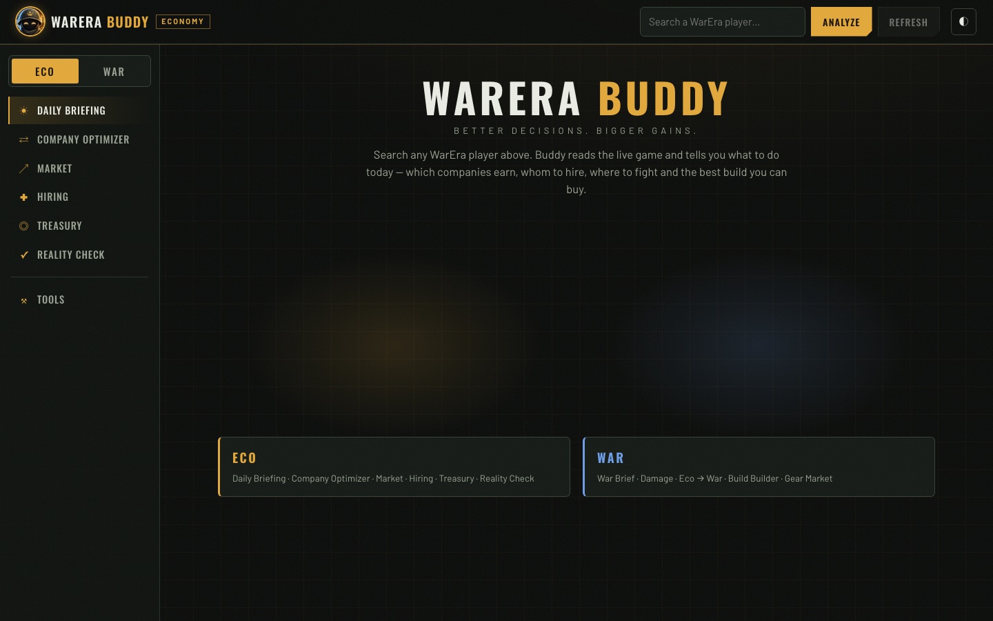 WarEra Buddy: Eco and War modes, daily briefing, company optimiser, market, hiring, treasury