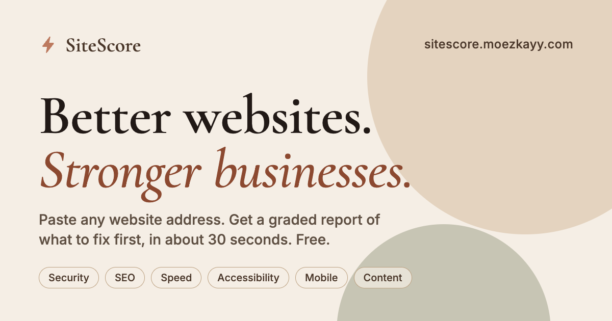 SiteScore: better websites, stronger businesses. Paste any website address, get a graded report in about 30 seconds.